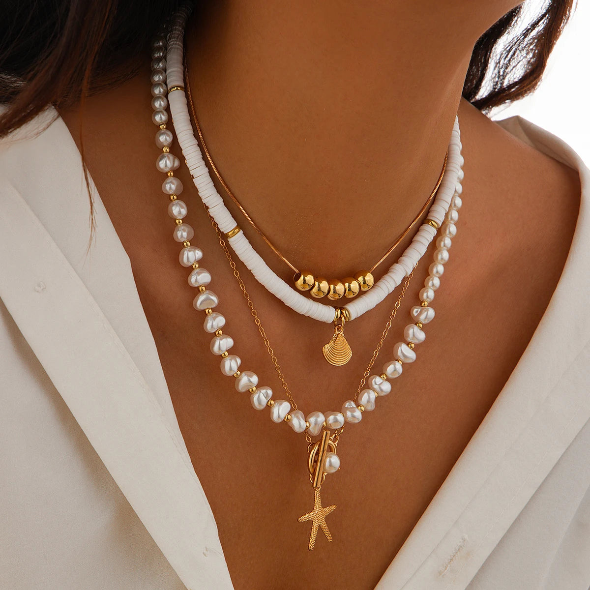 Ingemark 3Pcs/Set Bohemian Scallop Starfish Pendant Necklace for Women  Elegant Imitation Pearl Chain Jewelry Accessories Gift Pi-Mart