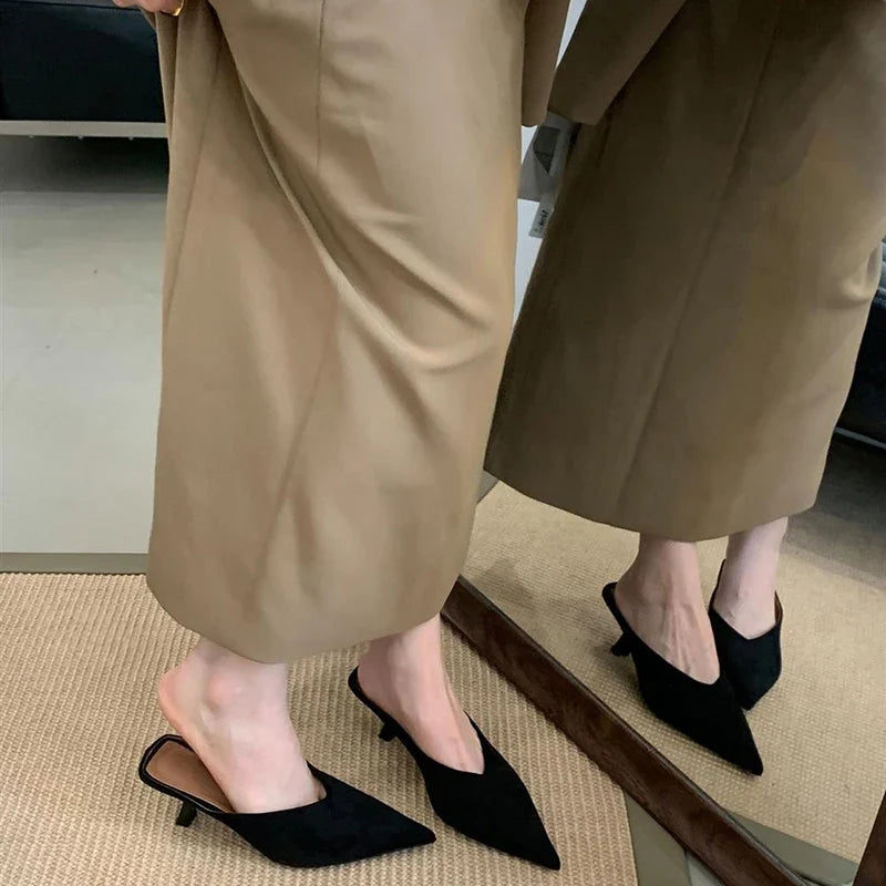 Summer Fashion Thin Mid Heels Women Slippers Elegant Pointed Toe Party Dress Mule Slides Shoes Zapatos Mujer LadyShow.Store