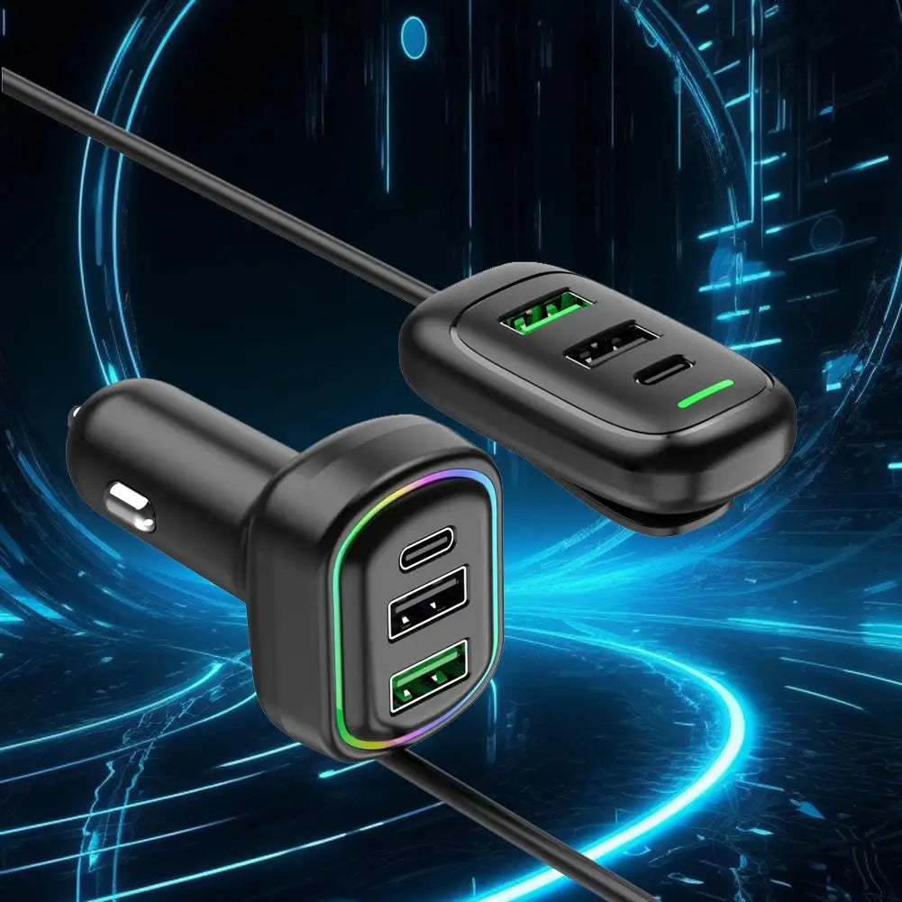 6-Ports USB Type-C Front And Rear Extension Car Charger With RGB Light PD Fast Charging Power Adapter For Iphone Tablet Pi-Mart