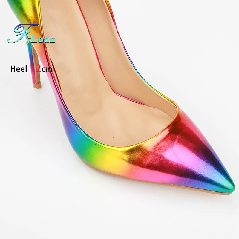 Brand Women High Heels 8-12CM Fashion Iridescent Pointed Toe Single Shoes Woman Thin Heel Summer Glossy Colorful Leather Pumps Pi-Mart