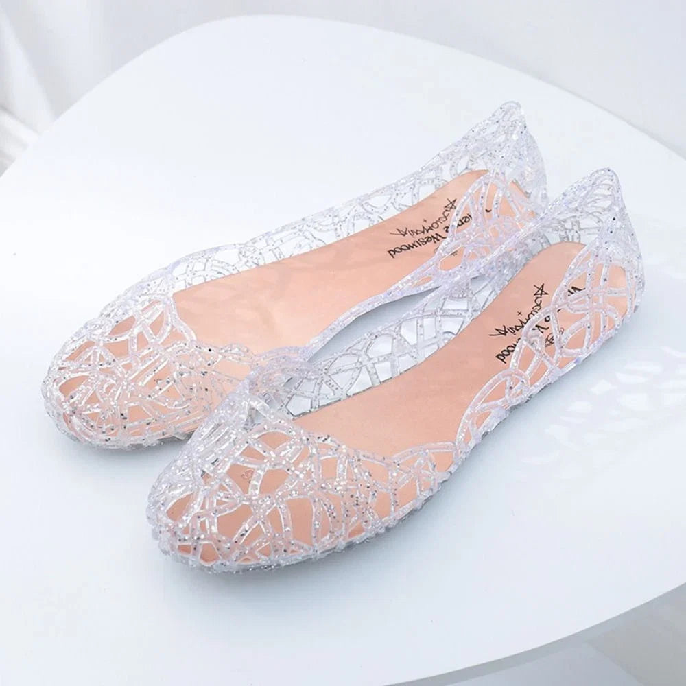 Comfortable Flat-soled Women Sandals Clear Shallow Mouth Beach Jelly Shoes Breathable Hollow Out Bling Sandals Footwear LadyShow.Store