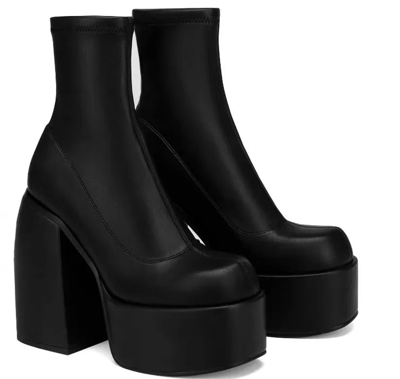 Women New Fashion Short Boots Women Sexy Leather Boot Square toe casual Zipper high heels Casual thick soled women shoes Zapatos Pi-Mart