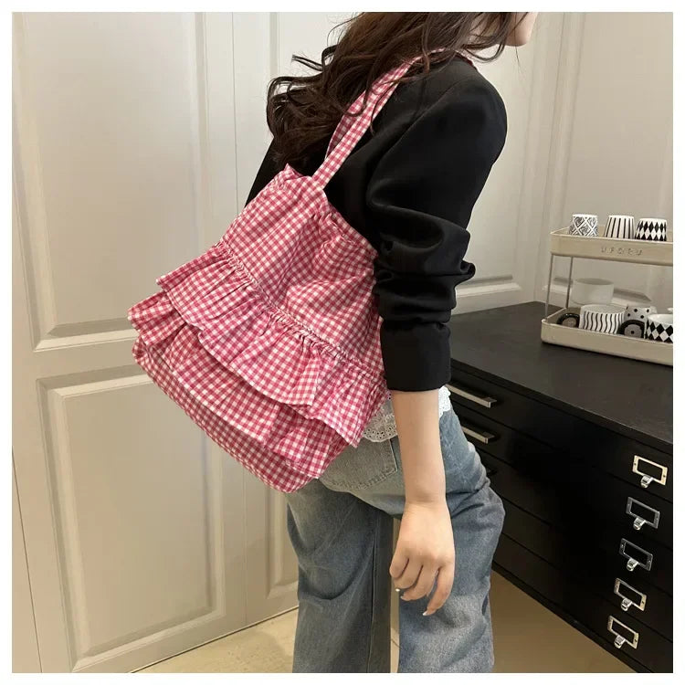 Large Capaci Cute Plaid Cotton Tote Bag  Lace Trim Women's Summer 2025 Simple Lady Handbag Soft Shoulder Bags Bolsa Feminina Pi-Mart