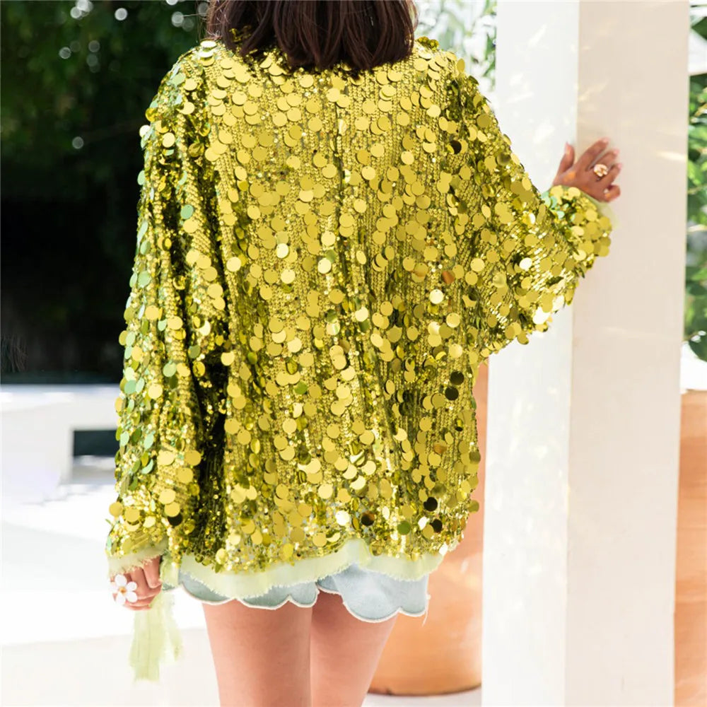 Shiny Sequin Cardigan for Women Trendy V Neck Front Wrap Tie Long Sleeve Coat Ladies Fashionable Sparkling Pullover Tops Punk LadyShow.Store