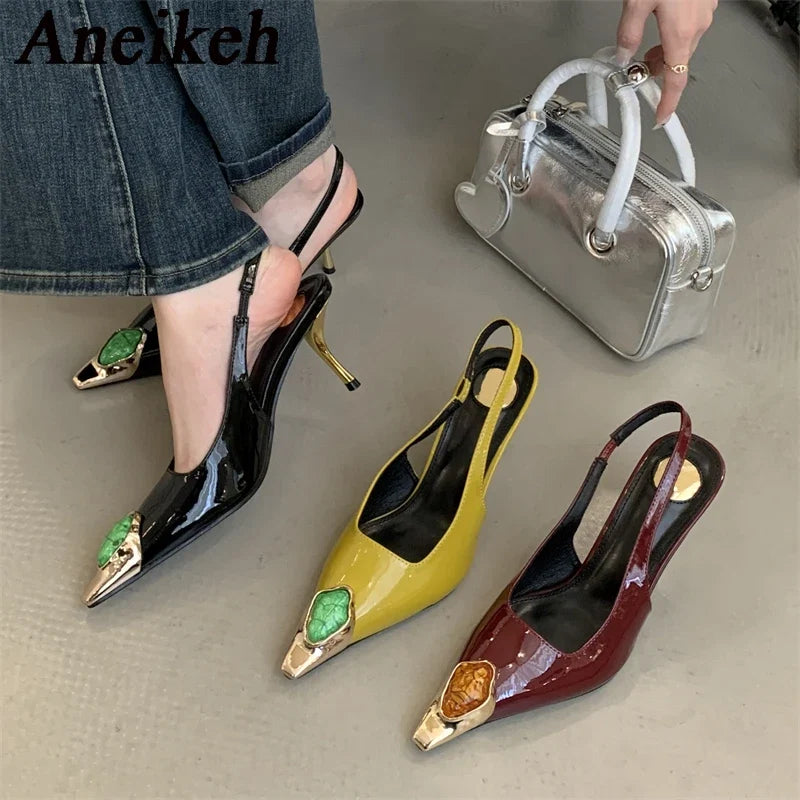 Aneikeh Street Style Design Metal Square Head Diamonds Woman Pumps Sandals Elegant Sexy Low-heel Banquet Prom Slingbacks Shoes LadyShow.Store