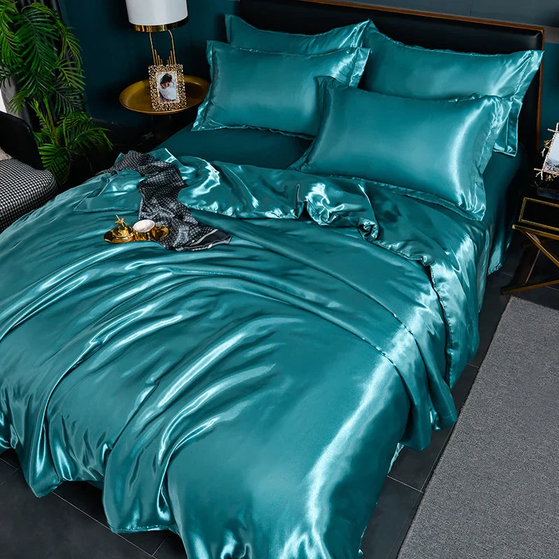 A/B Double-Sided Color Bedding Set Silky Satin Duvet Cover Bed Sheet Pillowcase Luxury Bedsheet King Queen Double Twin Size LadyShow.Store