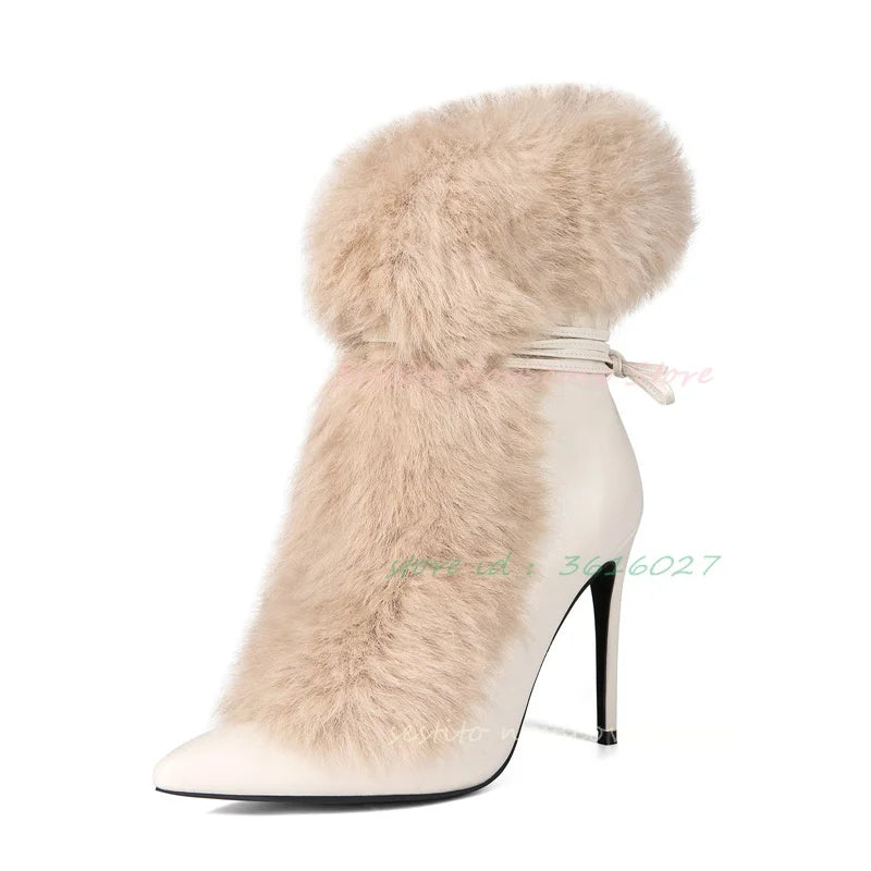Pointed Toe Fur Mid Calf Boots Stiletto Heels Ankle Straps Fashion Warm Shoes In Winter Solid Plush Sexy Party Dress Shoes Pi-Mart