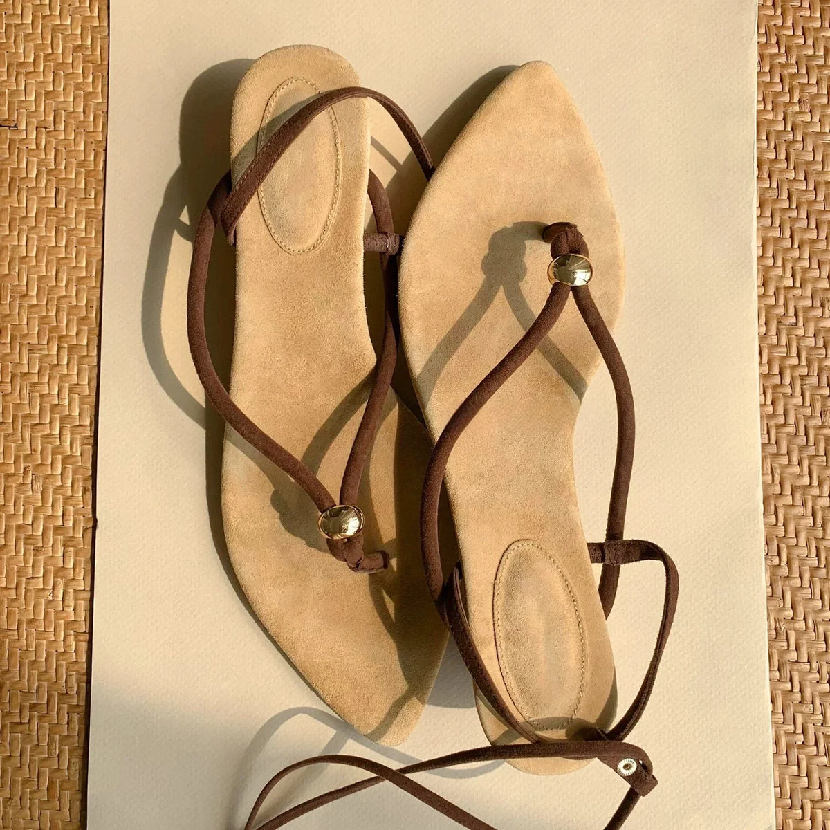 Women's Brown Lace-Up Thong Pointed Toe Wedge Heel Sandals Elegant Classic Clip-Toe Design Ladies Summer Retro Casual Shoes Pi-Mart