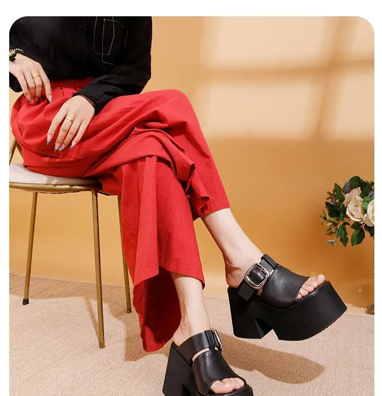 GKTINOO 2026 Summer New Genuine Leather Thick Soled Height Increasing Slippers Fashionable Women's Super High Heels Sandals Pi-Mart