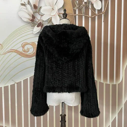 Real Rabbit Fur Hooded Coat Long Sleeve Women Casual Loose Knitted Genuine Fur Jacket With Hood Female Natural Fur Outwear LadyShow.Store