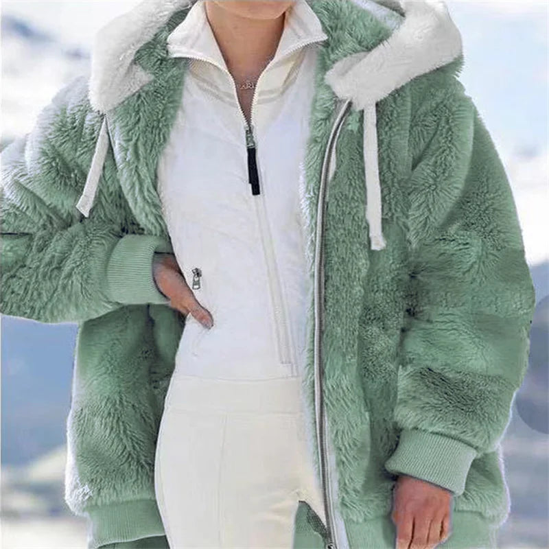 Women Winter Warm Faux Fur Jacket Plush Coat New Casual Hooded Fashion Zipper Soft Fleece Cashmere Jackets Female Thick Clothing LadyShow.Store