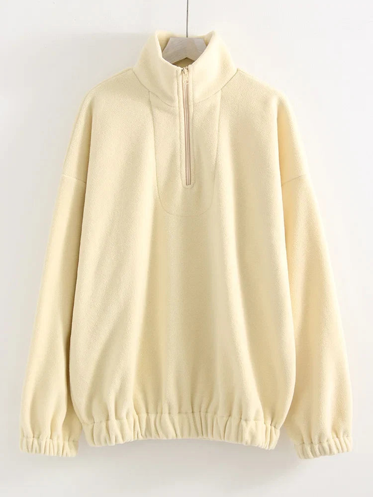 Women Velvet Sweatshirts With Half Zipper Long Sleeve Pink Warm Pullover Female Loose Yellow Sweatshirts For Women Zip Blue Tops LadyShow.Store
