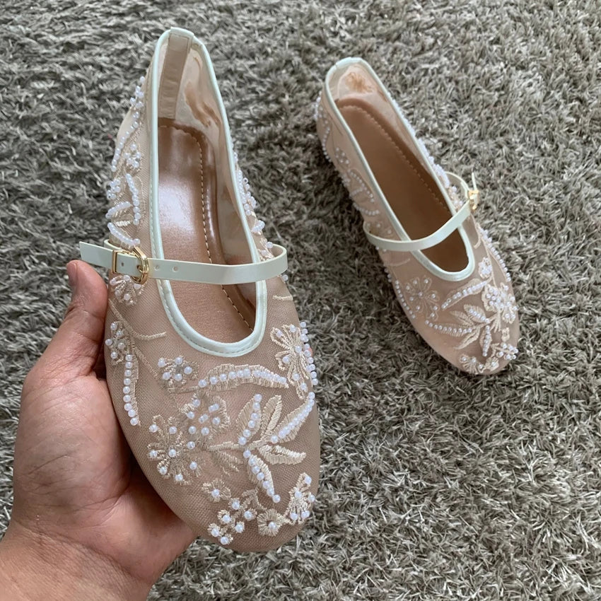 Mesh Embroidery String Bead Design Women Ballet Flats Fashion Buckle Breathable Mary Jane Shoe Comfort Low Heel Soft Flat Sandal LadyShow.Store