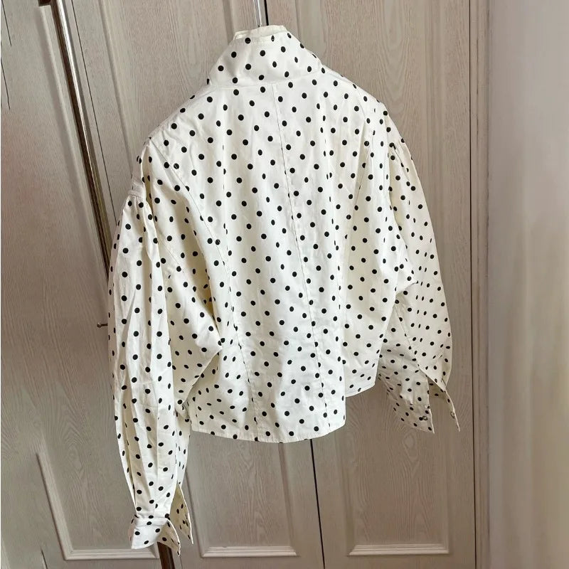 TARUXY Fashion Polka Dot Print Jacket Coat Women's Stand Collar Long Sleeved Workwear Coat Ins Hot Short Casual Female Jackets LadyShow.Store