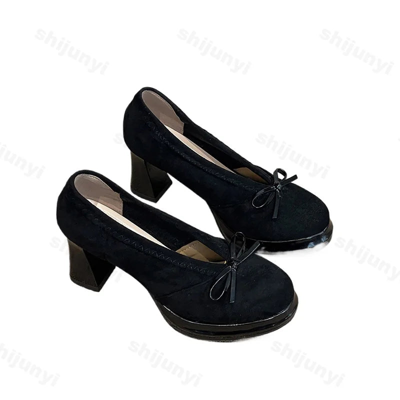 Women's High Heels 2025 Spring Autumn New Vintage Fashion Bow Knot Party Chunky Heels Outdoor Non Slip Luxury Mary Jane Shoes LadyShow.Store