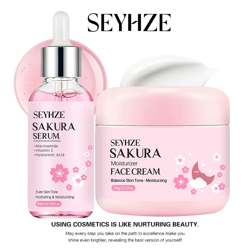 SEYHZE Sakura Collagen Essence + Moisturizing Cream Facial Care Set - 2pcs Packed with Collagen Peptides Vitamin C/E Aloe Niacin Pi-Mart