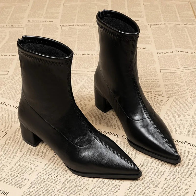 Fashion Vintage Thick Heels Women Slim Ankle Boots Autumn Winter Pointed Toe Stripper Party Short Booties Zapatos De Mujer LadyShow.Store