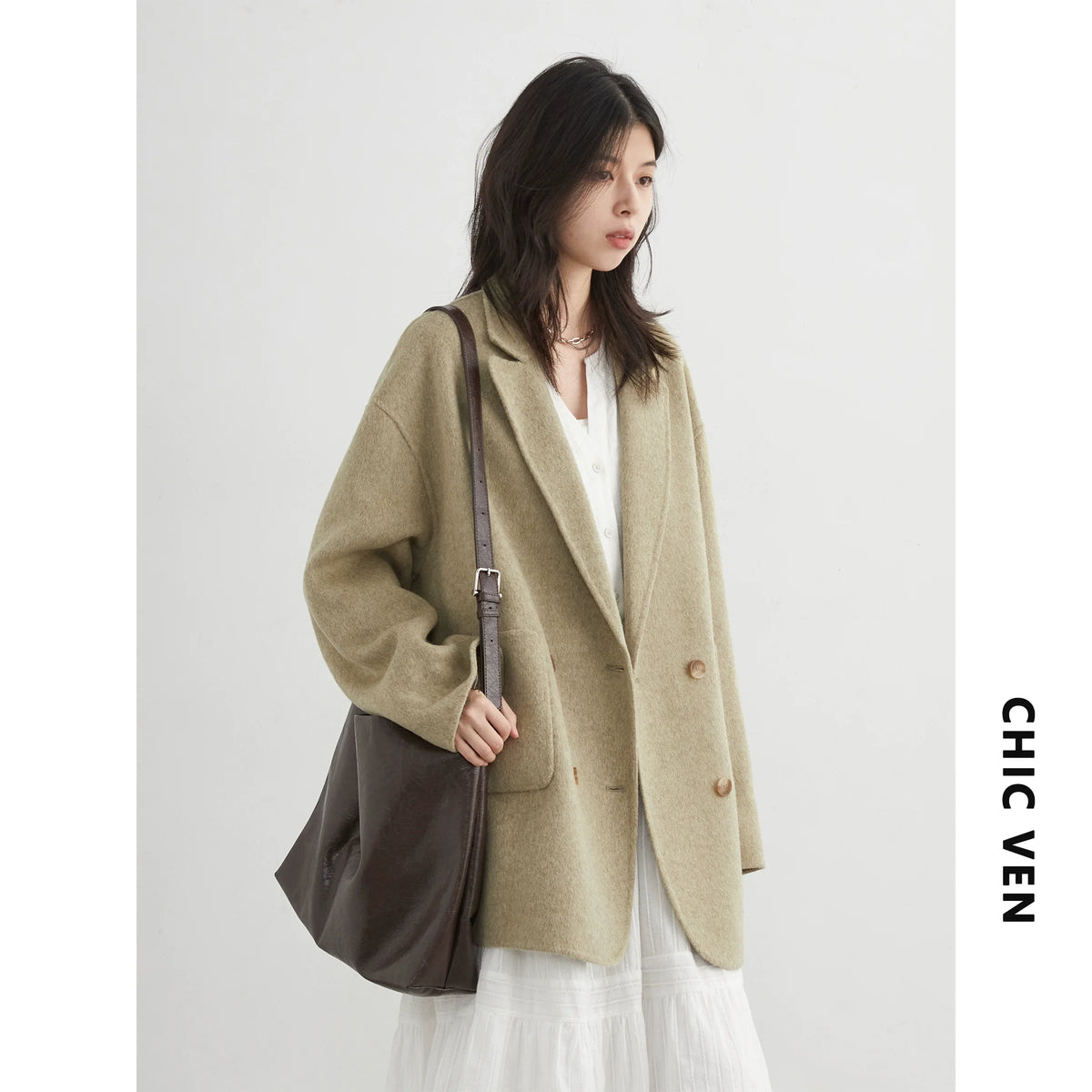 CHIC VEN New Women Woolen Coat Loose Solid Mid-length Double-sided Oversized Office Ladies Jackets Outerwear Autumn Winter 2026 Pi-Mart