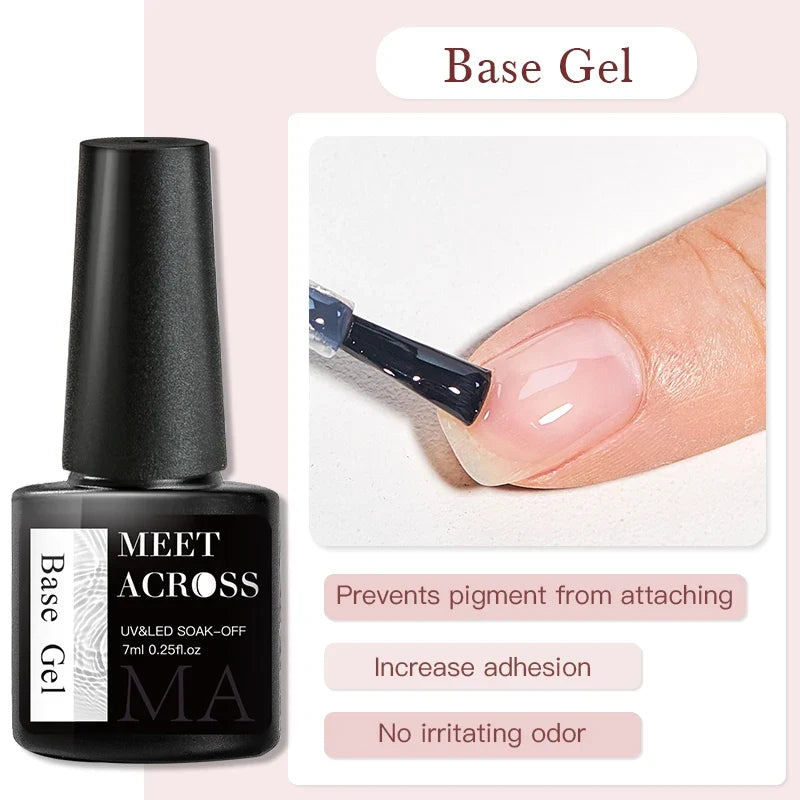 MEET ACROSS 7ml Base Top Coat Gel Polish Soak Off Semi Permanent UV Gel Nail Art Varnish Base Gel Top Coat Gel Varnish Manicure Tri Light Beauty