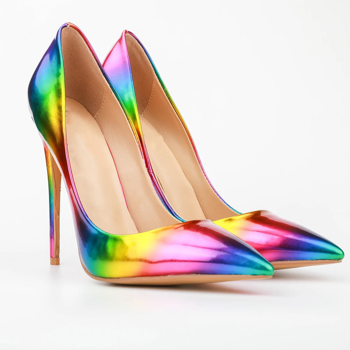Brand Women High Heels 8-12CM Fashion Iridescent Pointed Toe Single Shoes Woman Thin Heel Summer Glossy Colorful Leather Pumps Pi-Mart