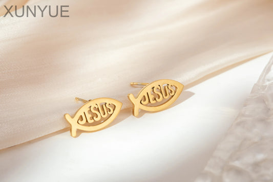 Vintage Stainless Steel Fish Shape JESUS Earrings Christian Symbol Jesus Ear Studs Fish Pendant For Unisex Pi-Mart