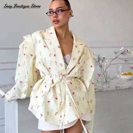 Chic Oversize Floral Printed Women Jacket Padded Lapel Lace Up Loose Coat Long Sleeve High Waist Outwears 2025 Lady Streetwear LadyShow.Store
