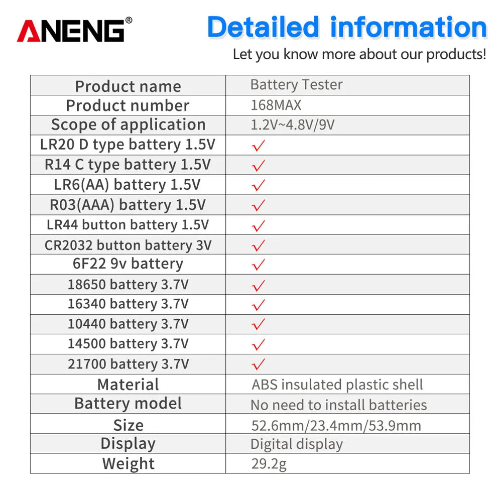 ANENG 168MAX Self Powered Digital LCD Battery Checker AA AAA C D 9V Button Cell 18650 Lithium Cell Voltage Capacity Test Tool Pi-Mart