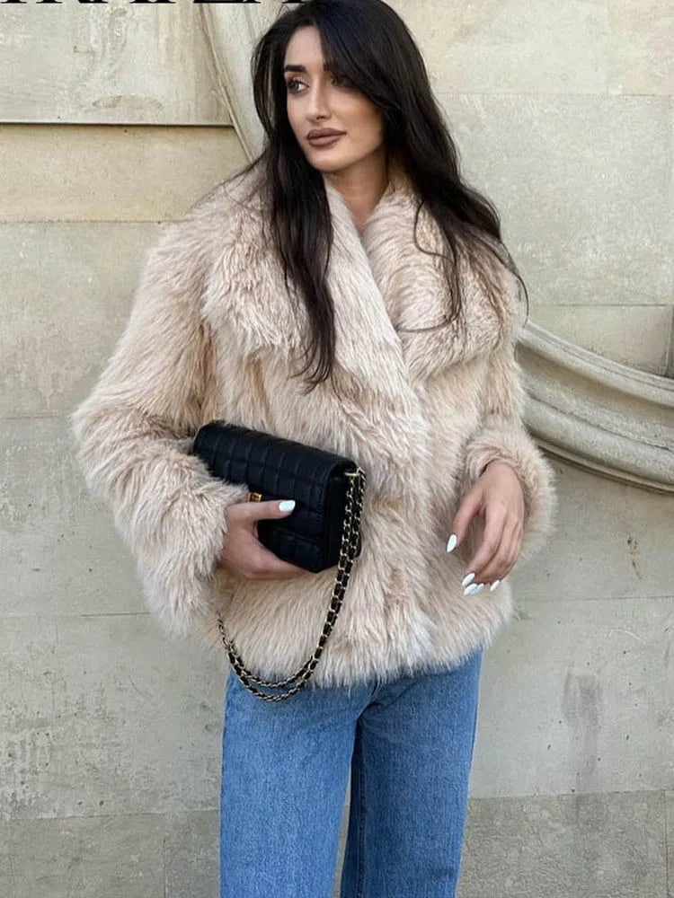 HH Women Fashion Cropped Faux Fur Jacket Coat Long Sleeve Front Snap-button Female Outerwear Chic Lapel Collar Thick Coat LadyShow.Store