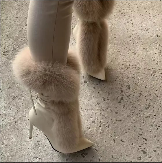 Pointed Toe Fur Mid Calf Boots Stiletto Heels Ankle Straps Fashion Warm Shoes In Winter Solid Plush Sexy Party Dress Shoes Pi-Mart