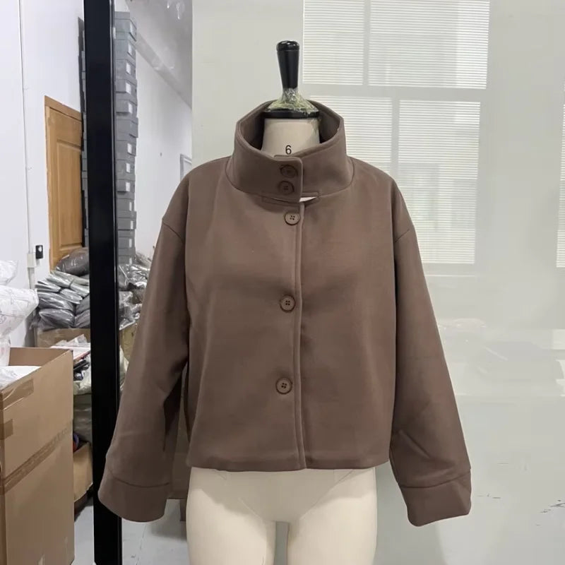 Fashion Short Woolen Coat For Women Stand Collar Full Sleeve Loose Zipper Jacket Female 2025 Spring Autumn Solid Lady Outwear LadyShow.Store