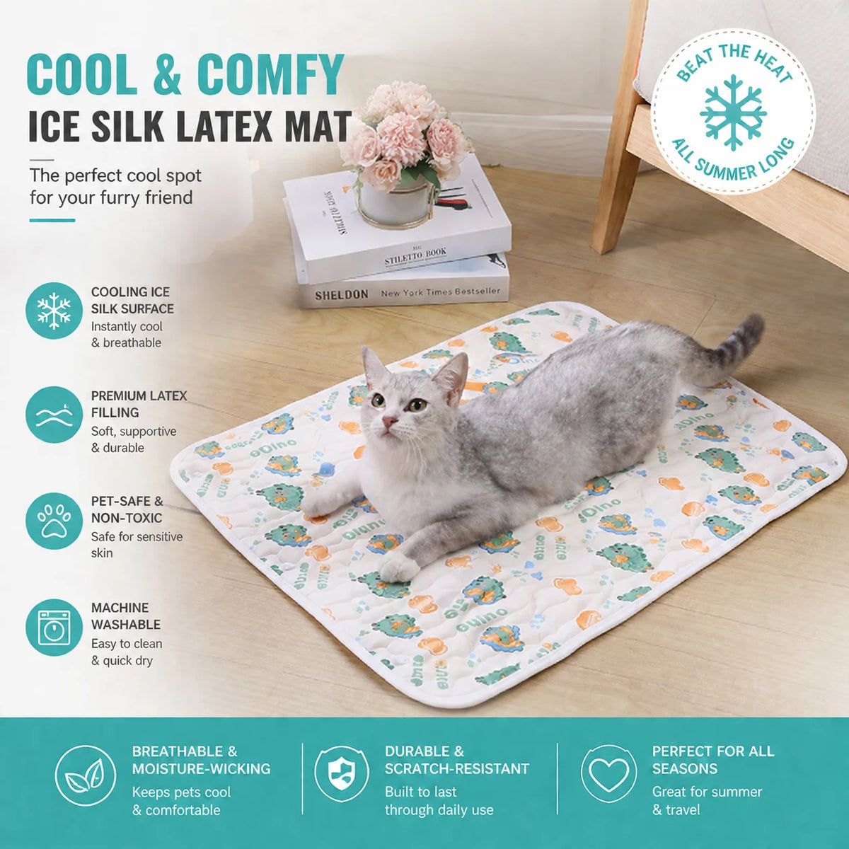 Pet Cooling Mat Ice Silk Latex Dog Cat Cooling Bed Summer Breathable Non-Slip Washable Pet Pad Cold Sleeping Beds Mats Supplies Pi-Mart