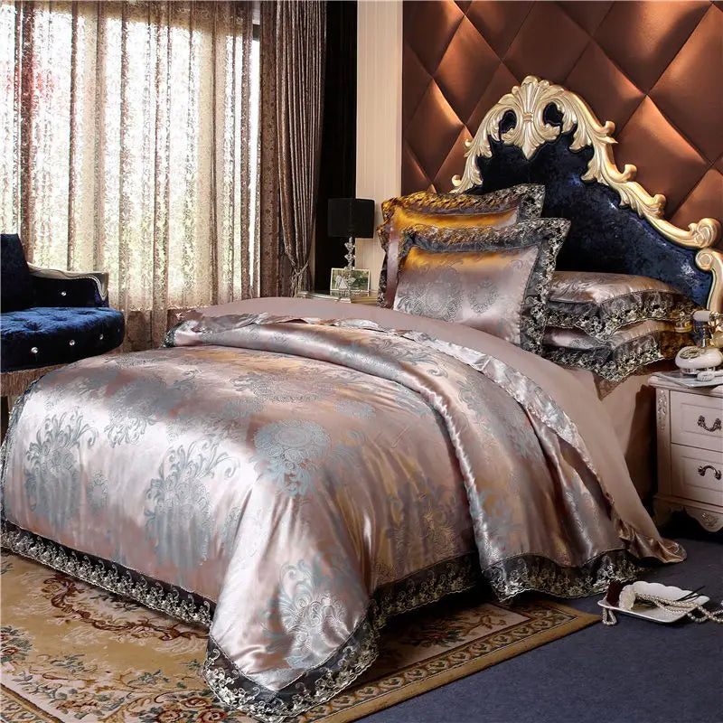 Luxury Jacquard Bedding Set Tencel Modal Duvet Cover 4PCS with Lace Satin Bed Sheet Pillowcases King and Queen Size Home Textile LadyShow.Store
