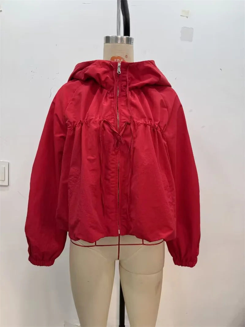 Women's Jacket 2026 Autumn New Red Long-Sleeve Drawstring Decorative Festive Hoodie Zipper Cardigan Casual Fashion Versatile Pi-Mart