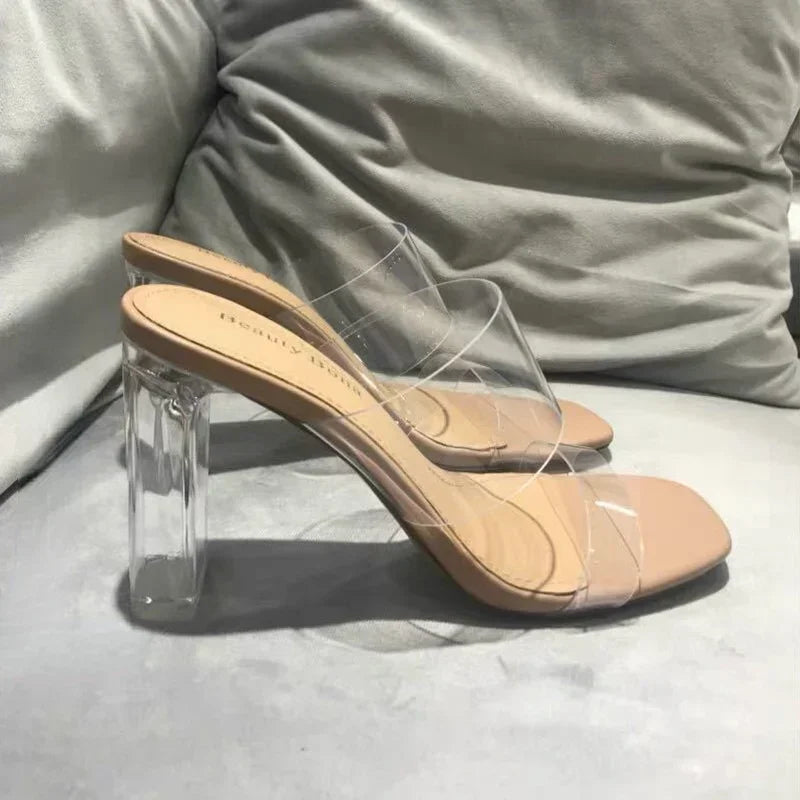 Summer Women Pumps Sandals 9cm Jelly Slippers Sexy Open Square Toe High Heels Women Transparent Slippers Shoe Heel Clear Sandals LadyShow.Store