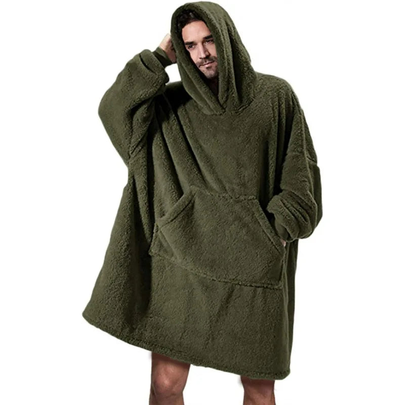 Winter Warm Unisex Double-faced Fleece Hooded Sweatshirts Casual Loose Long Thicken Pocket Pullover Batwing-sleeved Home Clothes LadyShow.Store