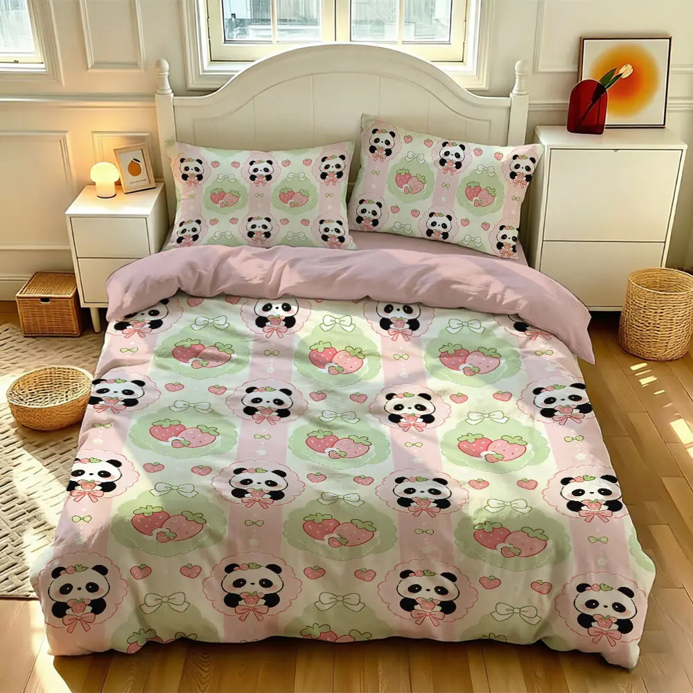3pcs Cartoon Panda Print Coreless Duvet Cover Cool Summer Lightweight Bedding Set Multi Size Bedroom Bedding Decoration Pi-Mart