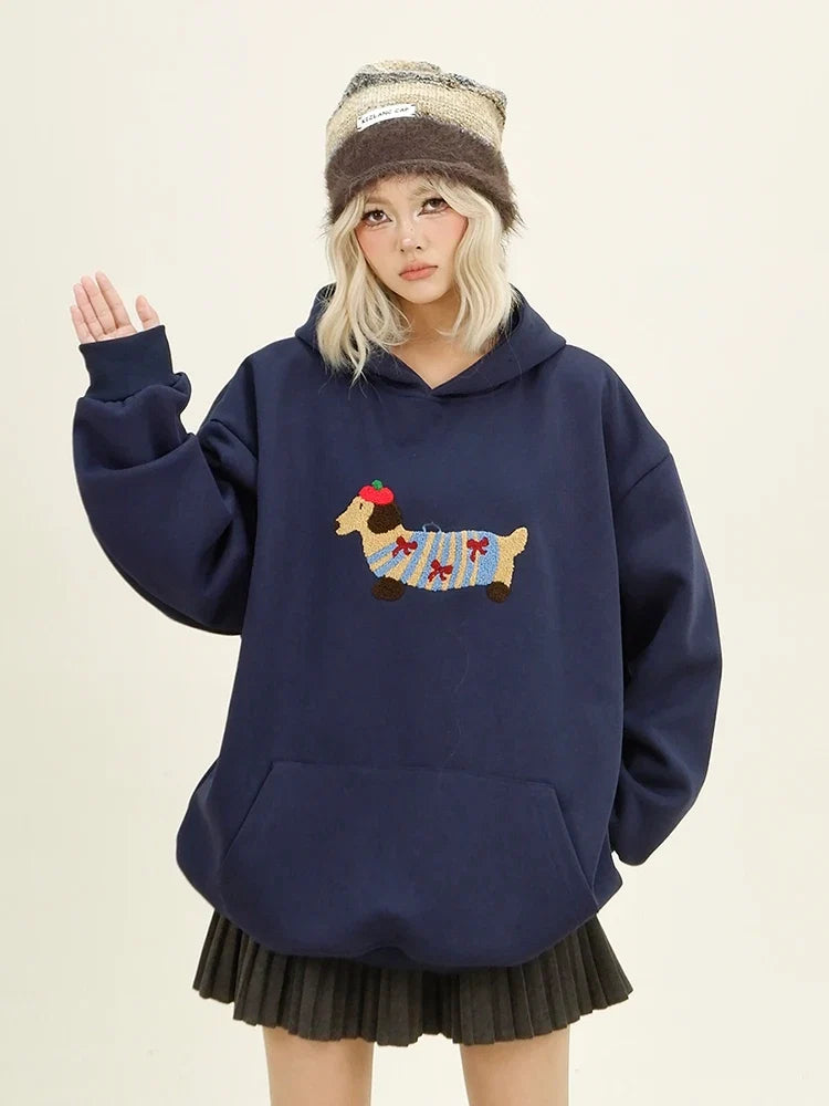 Women Sweatshirt Streetwear Couples Tops Casual Loose Hoodie Autumn Winter Cartoon Dog Embroidery Hooded Pullover LadyShow.Store
