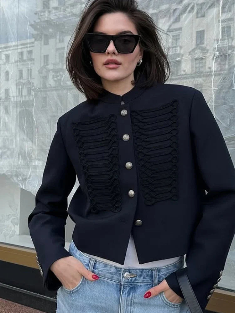 Retro Denim Military Jacket Women Vintage Solid Single Breasted Stand Collar Slim Short Jackets 2026 Lady Daily Street Outerwear LadyShow.Store