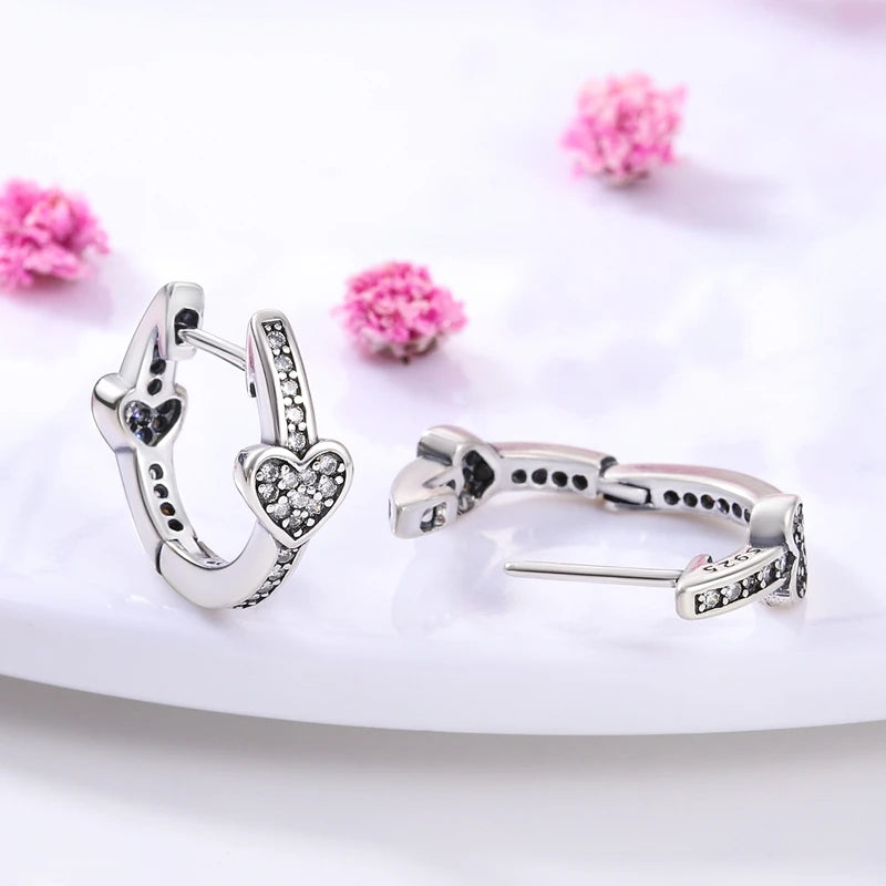 Genuine 925 Sterling Silver Love Feather Earrings Fit Original Charms Hoop For Women Girls Stud Earring Fine Jewelry Gifts Pi-Mart