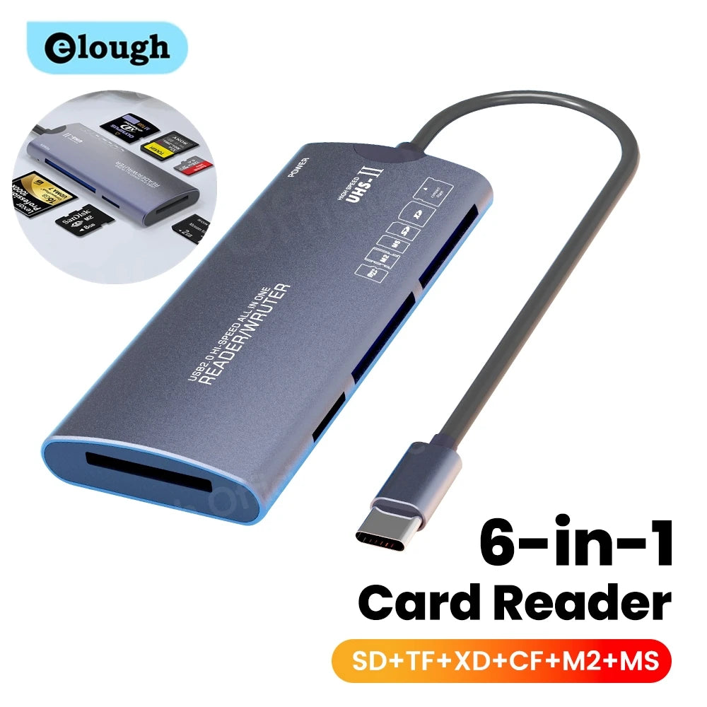 Elough 6 in 1 Card Reader SD TF XD CF M2 Memory Card Readers USB Adapter Type C High Speed Data Transfer Cardreader For Laptop Pi-Mart