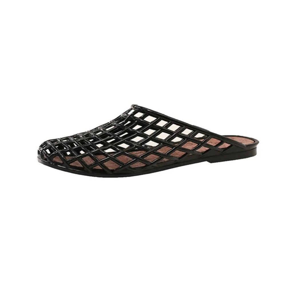 Round Toe PVC Crystal Slippers Non-Slip Soft Fishing Net Jelly Sandals Flat Low Bottom Transparent DIY Shoes Charms Shoes LadyShow.Store