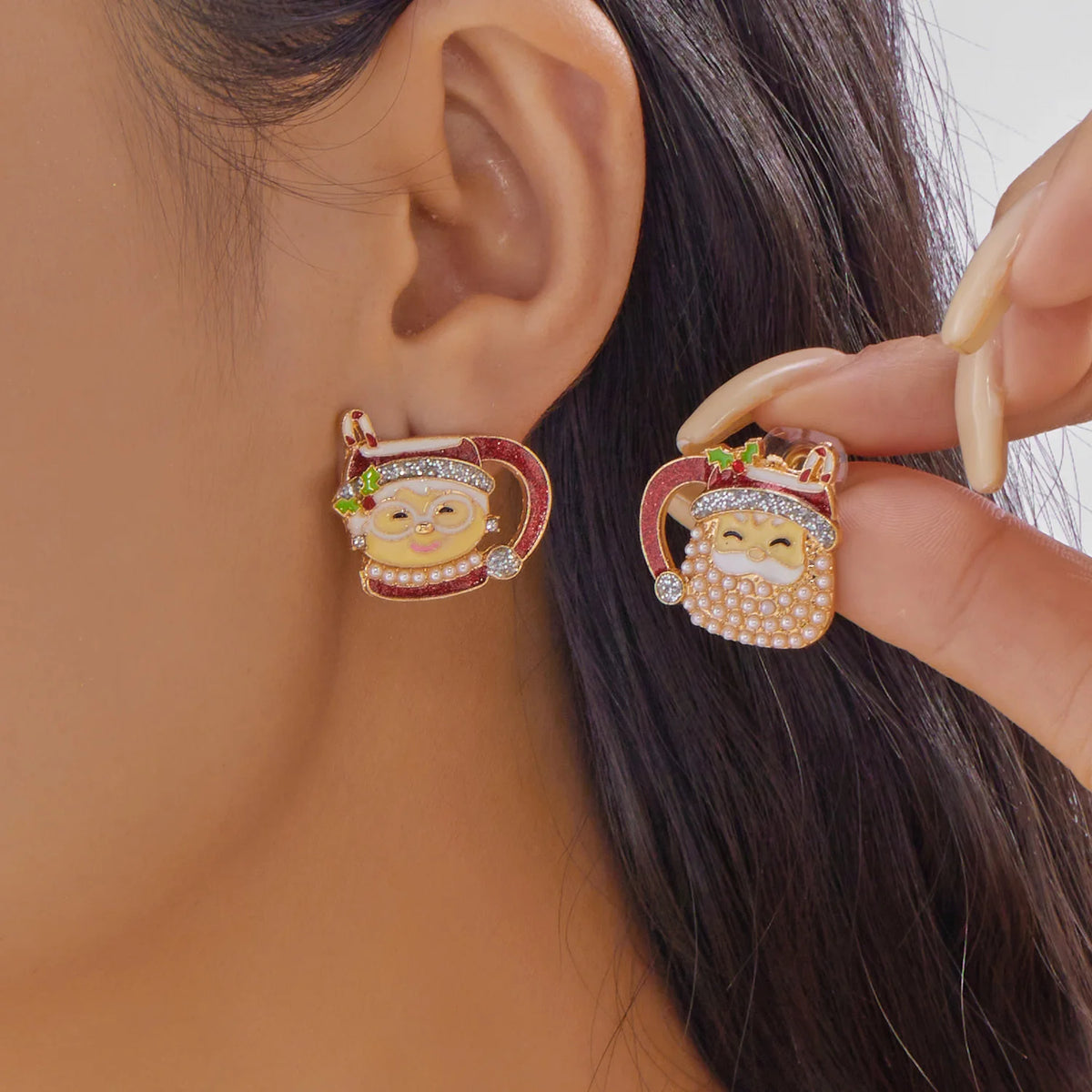 Creative Christmas Grandpa and Grandma Zircon Stud Earrings For Women White Pearl Crystal Snowman Elk Earring New Year Jewelry Pi-Mart