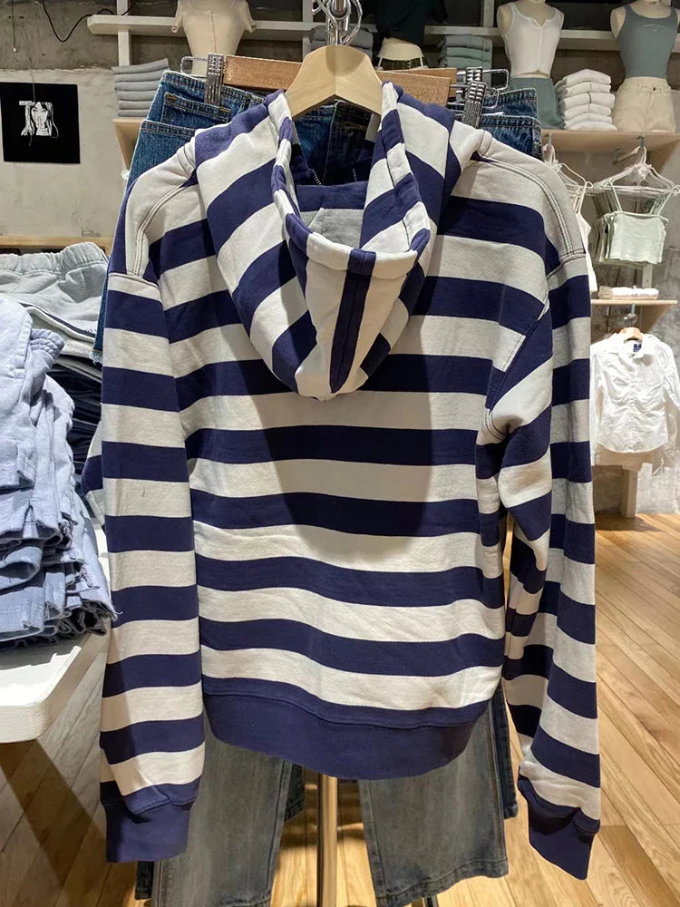 Striped Patchwork Zip-up Hoodie Autumn Cotton Pocket Drawstring Hooded Sweatshirt Women Y2k Streetwear Vintage Loose Tops Jacket LadyShow.Store
