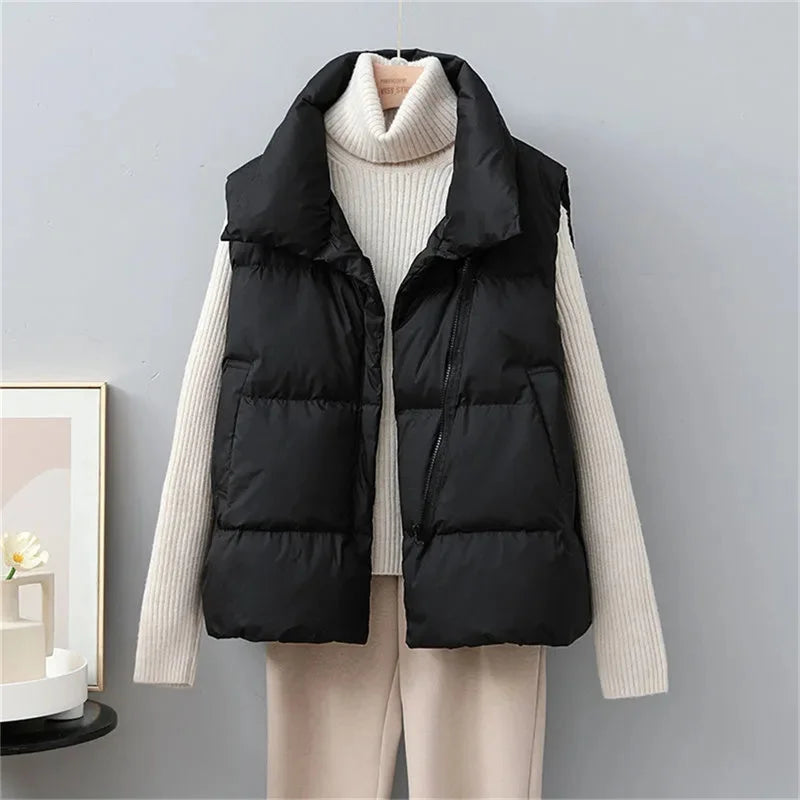 2024 New Winter Warm Cropped Vest Jackets for Women Fashion Sleeveless Stand Collar Zip Up Puffer Waistcoat Street Style Outwear LadyShow.Store