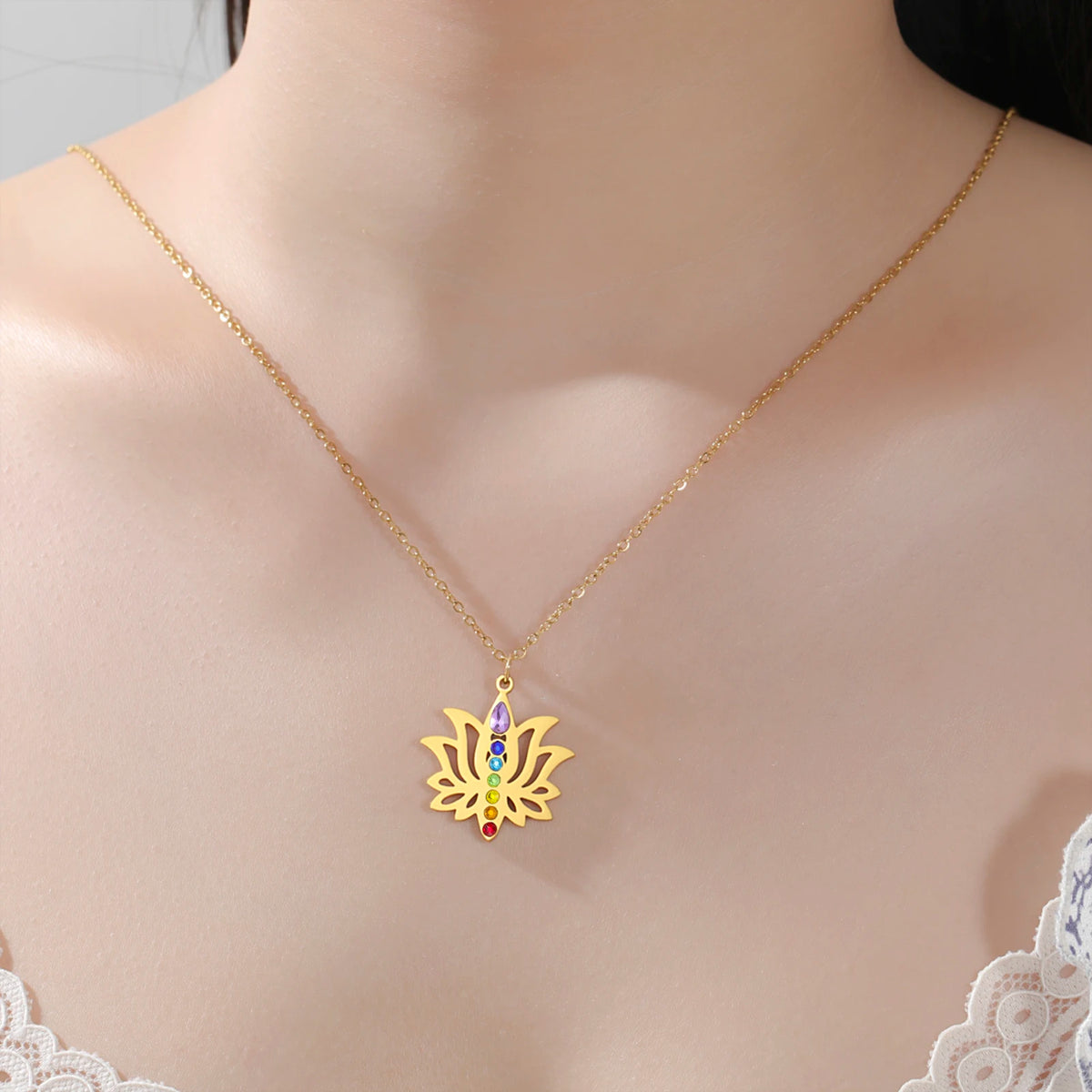 Gold Plated 7 Chakra Lotus Flower Necklace with Om Symbol Spiritual Yoga Jewelry Seven Colorful Zircon Lotus Flower Necklace Pi-Mart