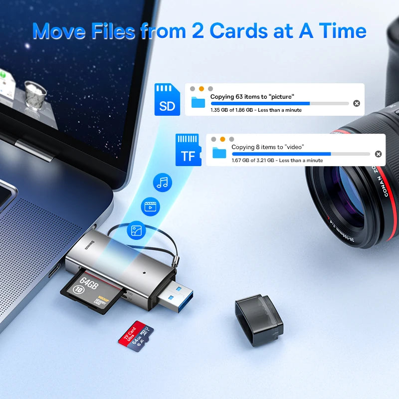 Baseus Card Reader USB C & USB3.0 to SD Micro SD TF Memory Card Device 104MB/s 2TB Smart Cardreader for Laptop Accessories Pi-Mart