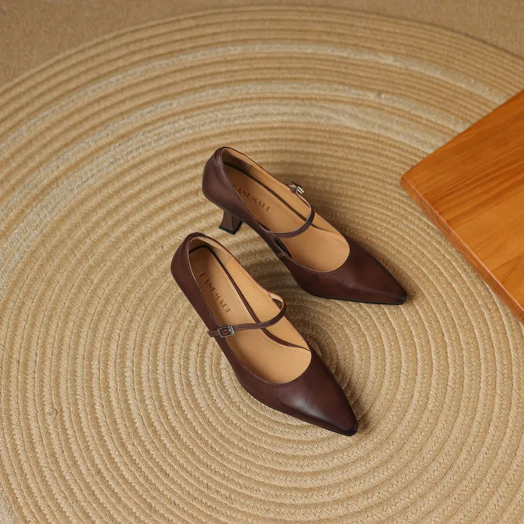 NEW Spring/Autumn Women Pumps Genuine Leather Shoes for Women Pointed Toe Thin Heel Shoes Shallow Buckle Strap Mary Janes Shoes Pi-Mart