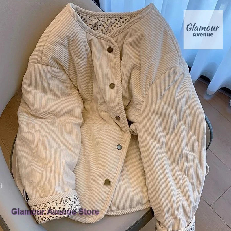 Korean style design corduroy mosaic floral diamond cotton-padded jacket coat women's winter new loose wild cotton-padded clothes Pi-Mart