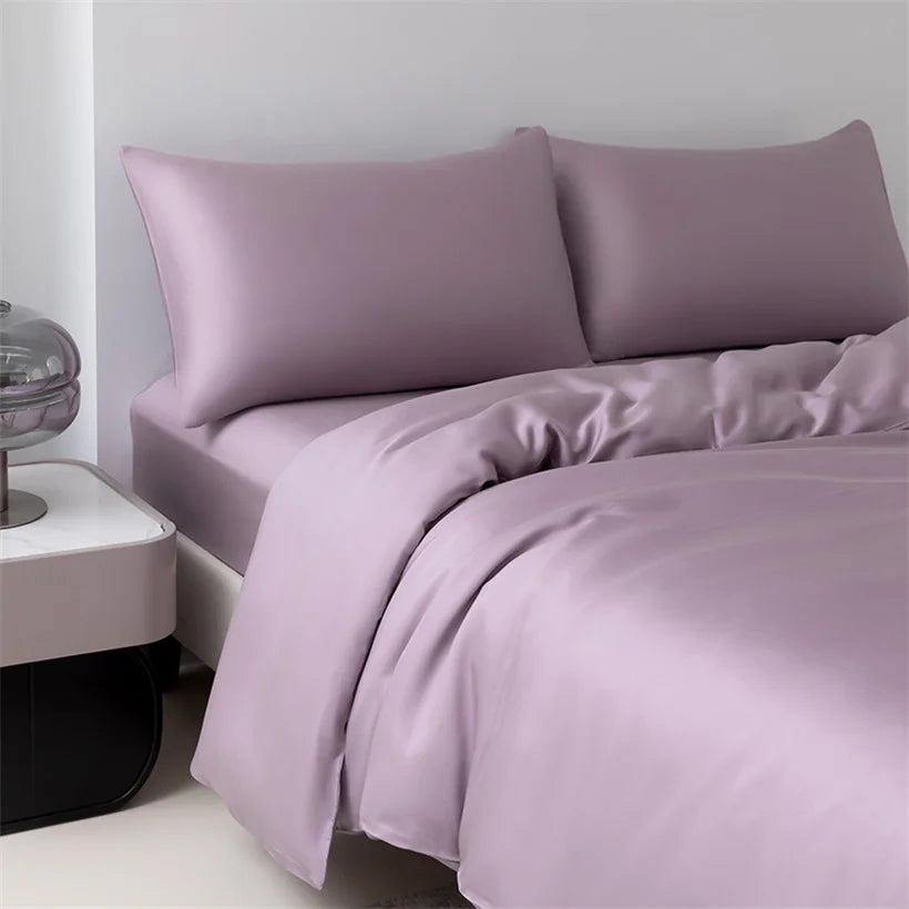100% Mulberry Silk Bedding Set High End Silk Bed Sheets Set Luxury Smooth Duvet Cover Set Single Double Queen King Size Bedsheet LadyShow.Store