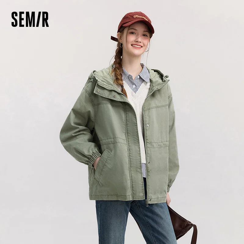Semir Denim Jacket Women Mid-Length Loose Hooded 2025 New Spring Waist-Cinching Coat Retro Design for Fashion Outfits LadyShow.Store